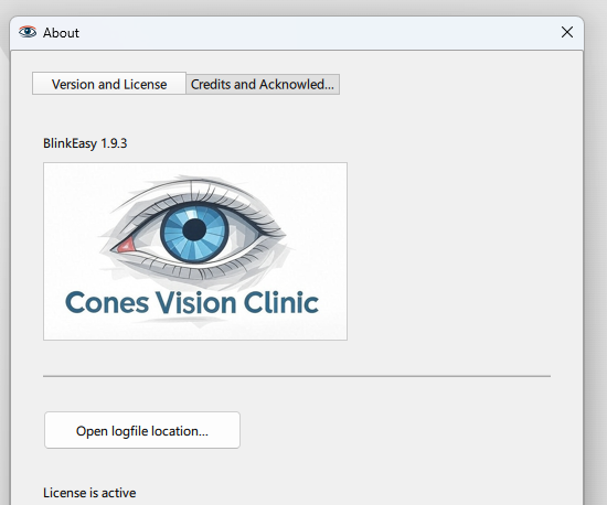 BlinkEasy About screen with a sample clinic logo