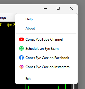 BlinkEasy main menu with icons for a sample clinic's YouTube channel, eye exam scheduling, Facebook, and Instagram