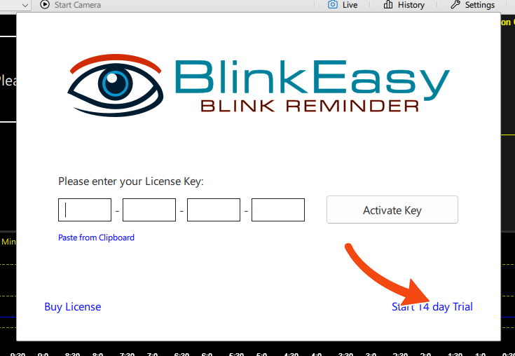 BlinkEasy activation screen with an arrow pointing to the Start 14 day Trial link.
