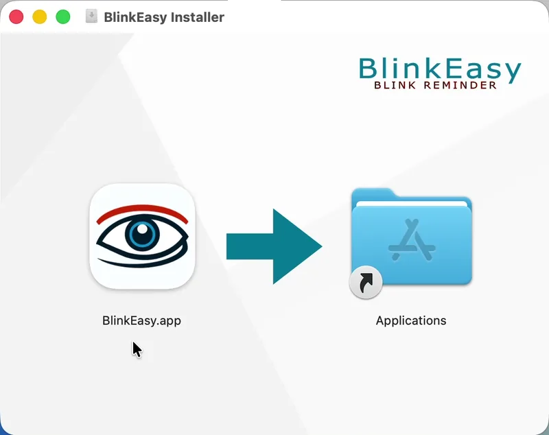 BlinkEasy disk image showing BlinkEasy.app, an arrow, and the Applications folder.