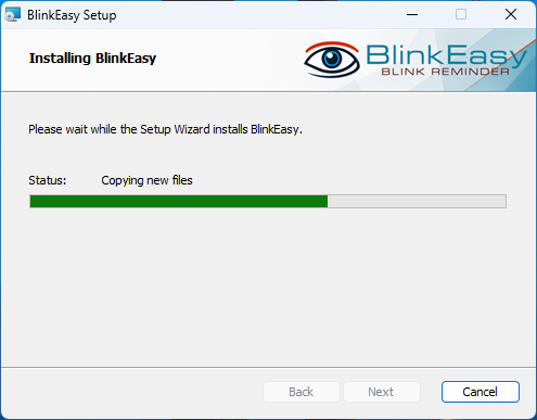 BlinkEasy installation progress bar while files are copied.