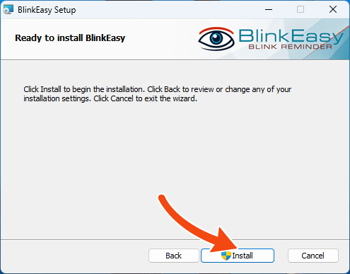 BlinkEasy setup screen with an arrow pointing to the Install button.