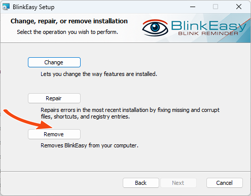 BlinkEasy maintenance screen with an arrow pointing to the Remove option.