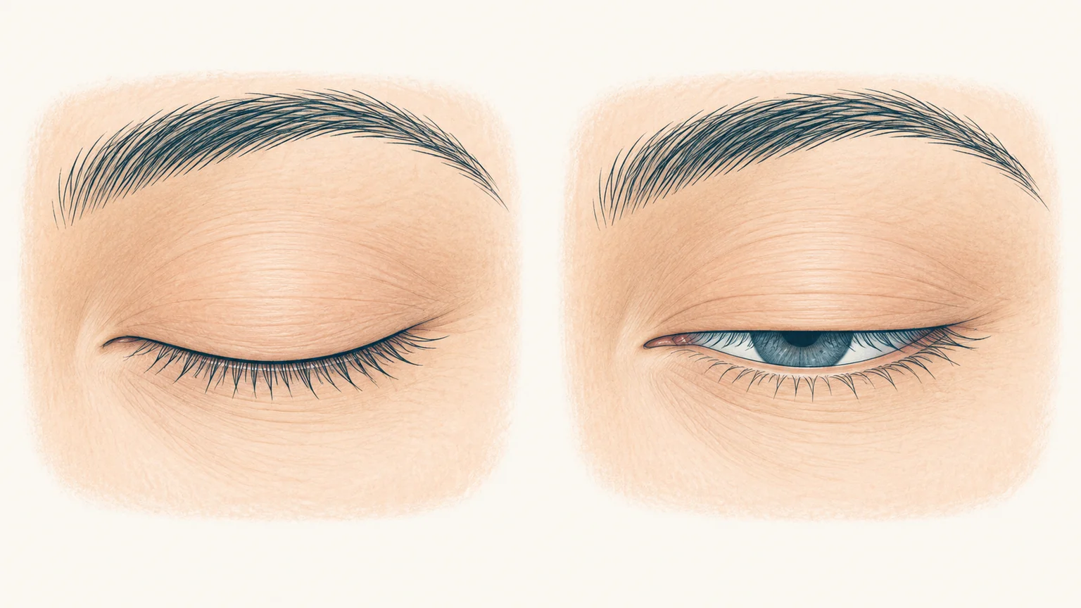 Complete eyelid closure on the left and an incomplete blink with a small gap between the lids on the right.