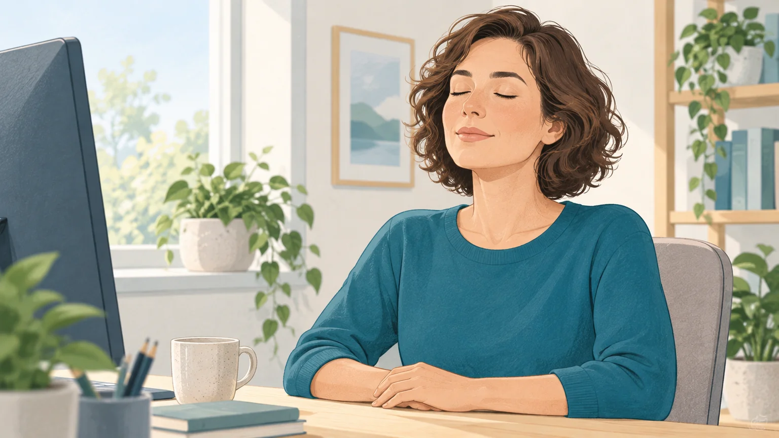 Person taking a brief pause at a desk with eyes gently closed.