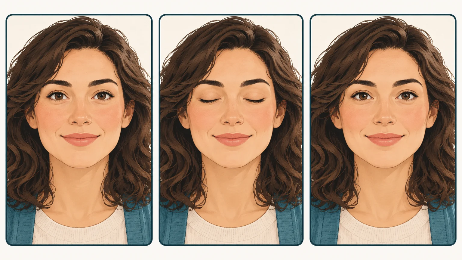 Drei Nahaufnahmen desselben Gesichts zeigen die Augen geöffnet, sanft und vollständig geschlossen und wieder geöffnet.
