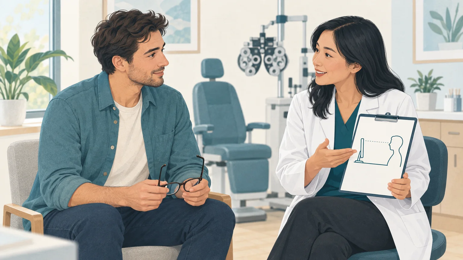 An eye doctor discusses screen viewing distance with a patient holding glasses in an exam room.