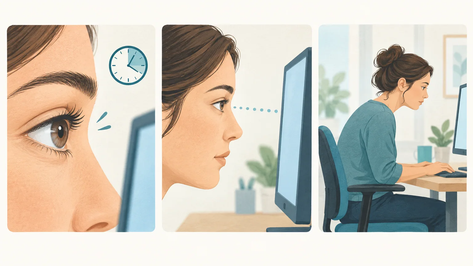 Three panels show an eye during screen work, close viewing of a monitor, and a person leaning forward at a desk.