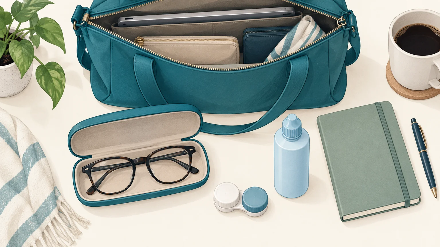 Work-bag essentials including glasses, a closed contact lens case, and lens-care supplies.
