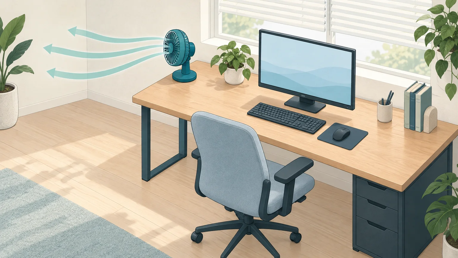 Computer workspace with a desk fan and air moving through the room.