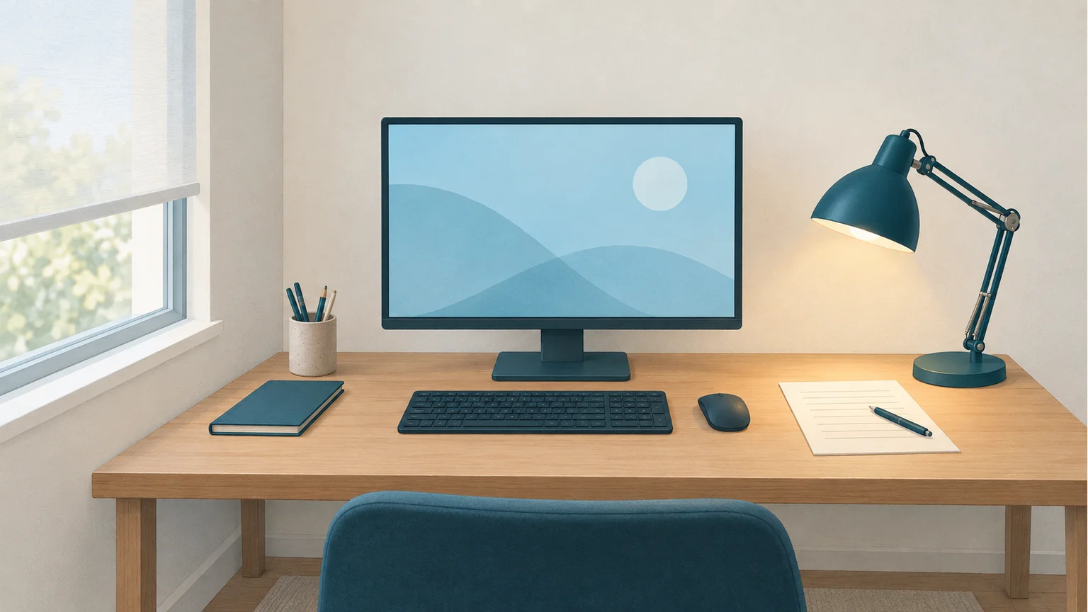 Computerschreibtisch mit seitlichem Fenster, einem Rollo, das das Tageslicht dämpft, und einer Lampe mit Schirm, die Unterlagen neben dem Monitor beleuchtet.