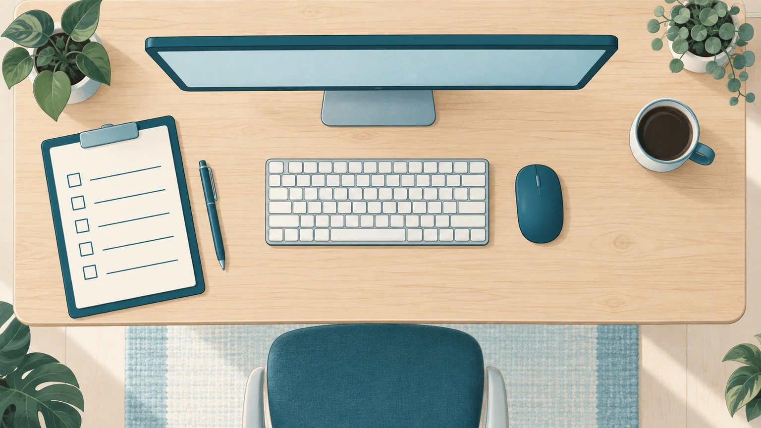 Ein Schreibtisch von oben: Monitor, Tastatur, Maus und eine Checkliste zum Prüfen des Arbeitsplatzes.