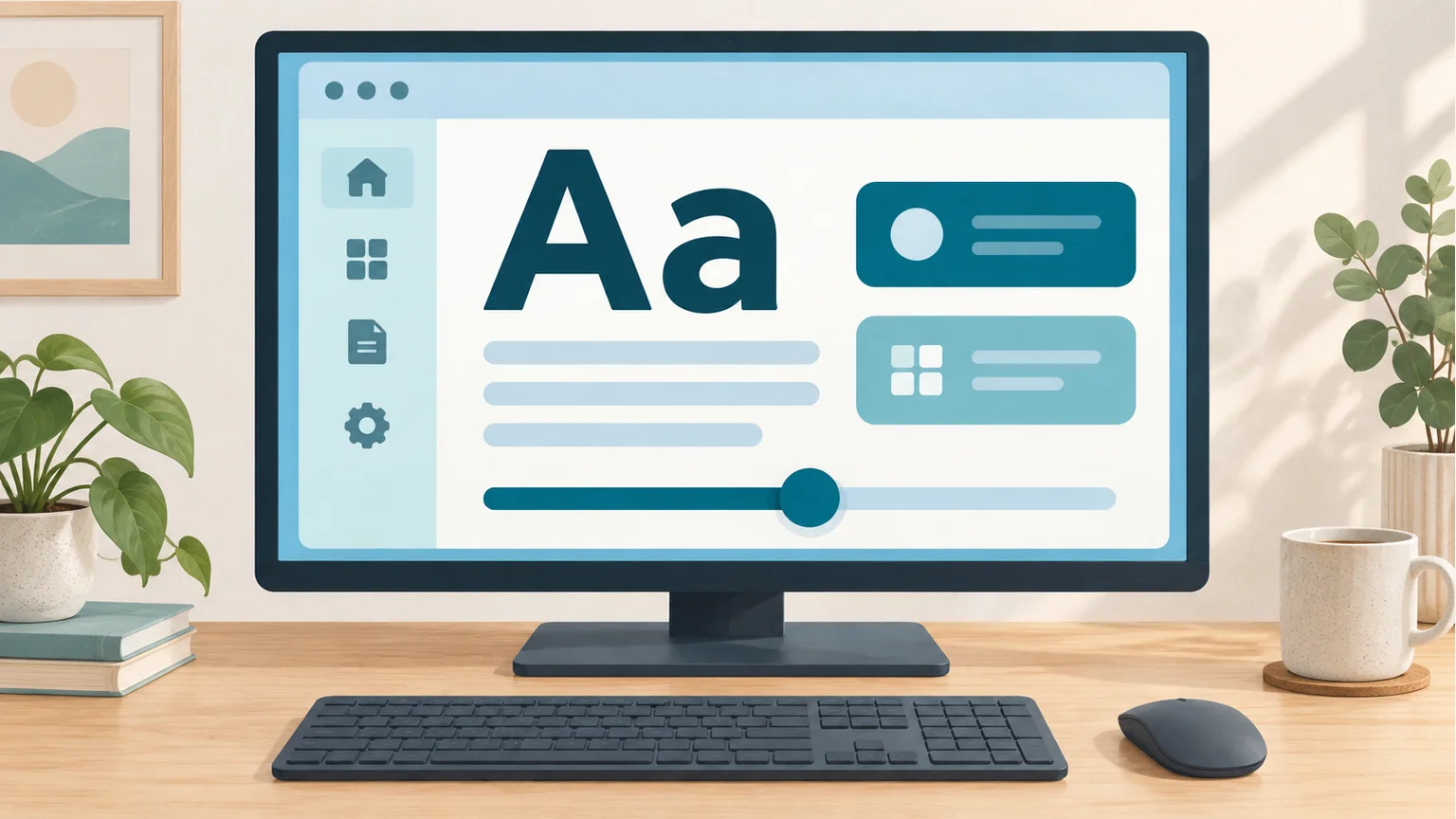 Desktop monitor showing large text, app controls, and a size slider.