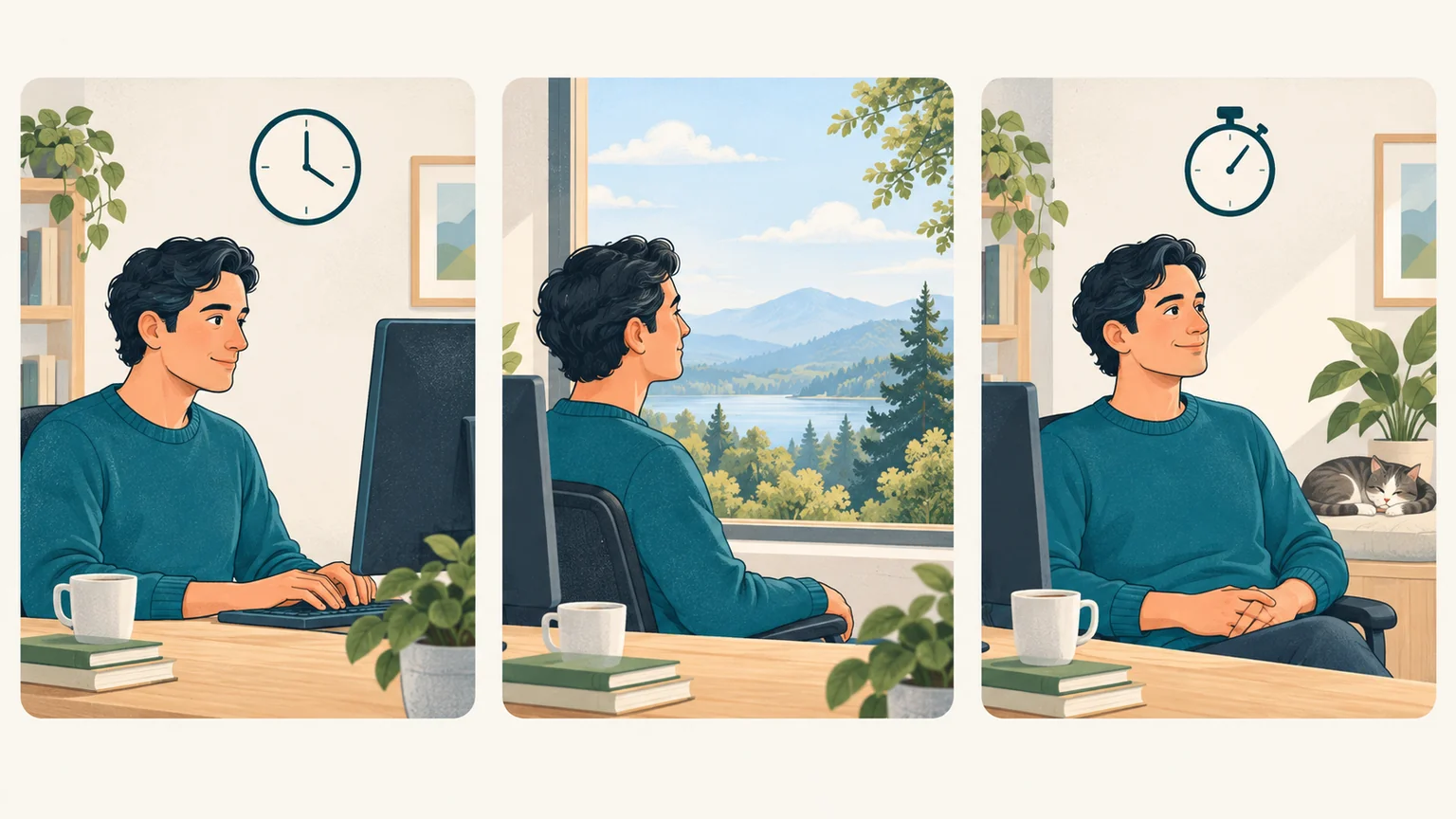 Three scenes showing screen work, a view into the distance, and a short pause.
