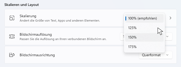 Anzeigeeinstellungen von Windows 11 mit geöffneter Auswahlliste für die Skalierung und den Werten 100 %, 125 % und 150 %.