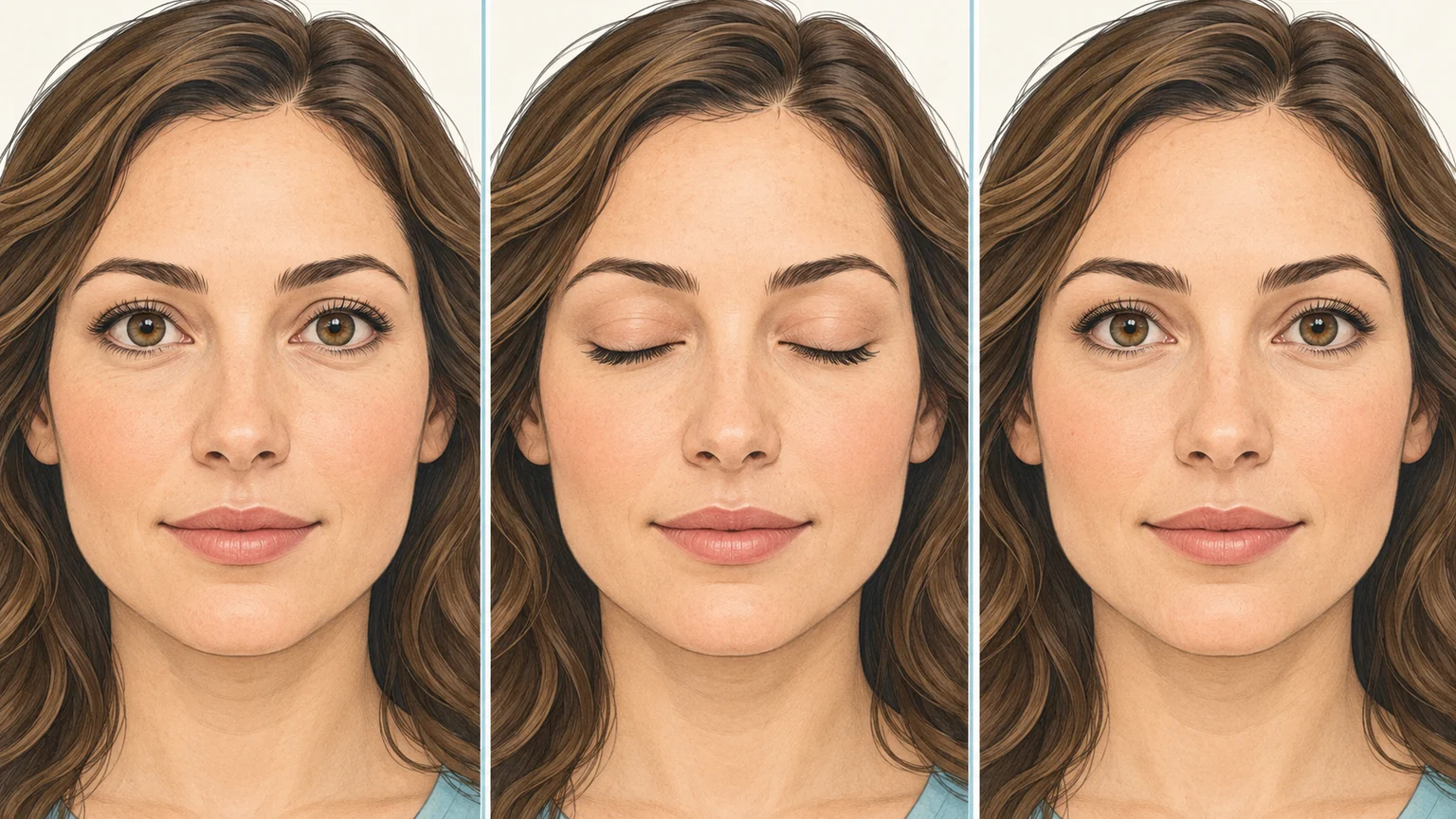 Trois vues du même visage : les yeux ouverts naturellement, fermés doucement et complètement, puis ouverts de nouveau.