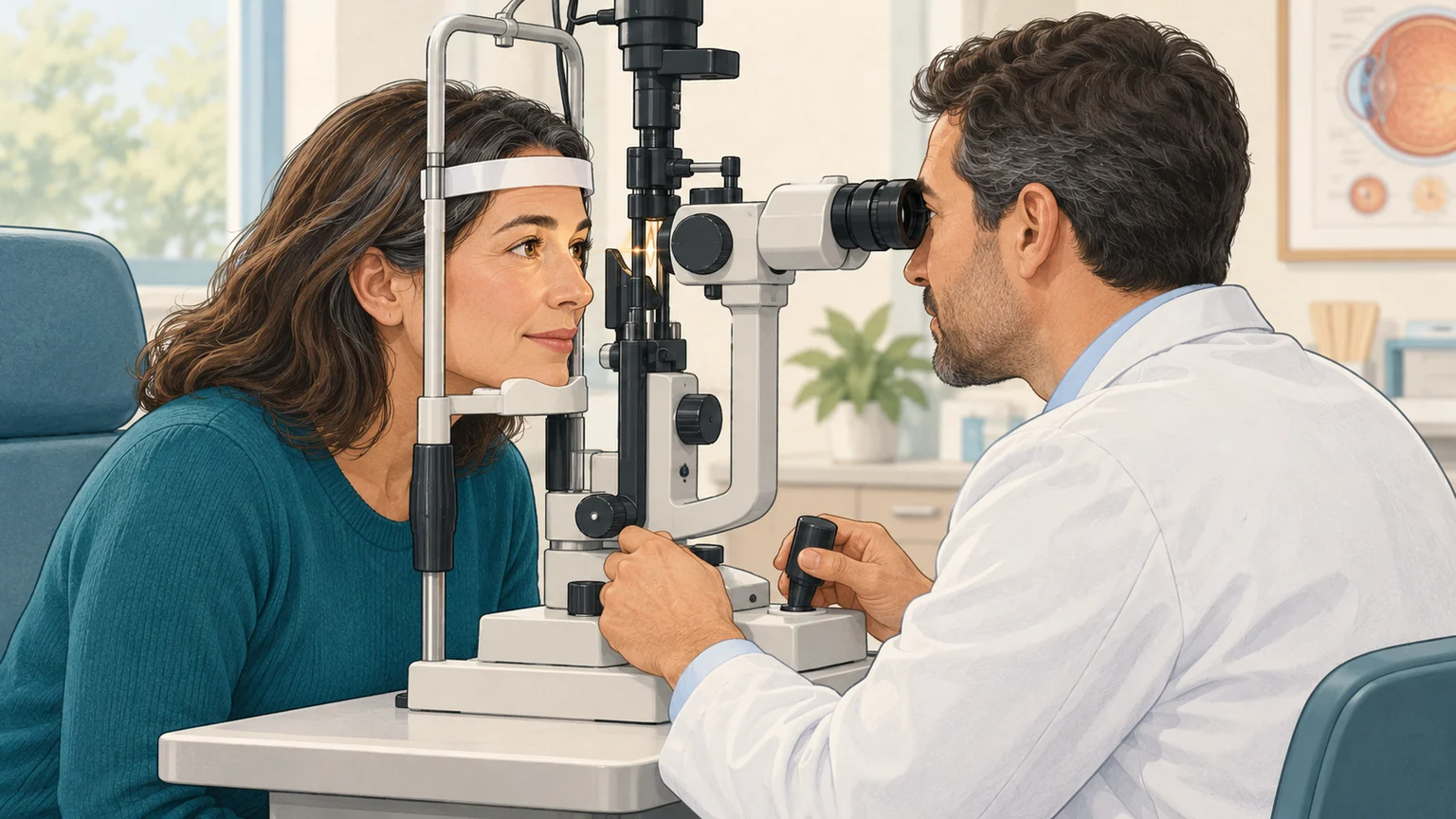 An eye doctor examines an adult patient at a slit lamp, with the patient resting her chin and forehead on the instrument supports.