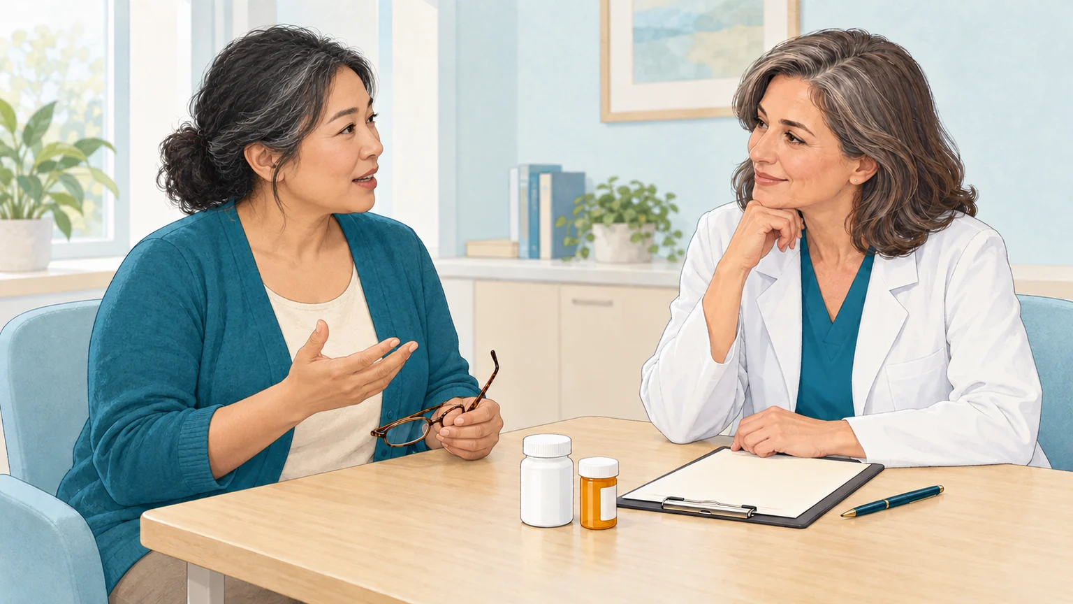 Una paciente con las gafas en la mano comenta su historial médico con una profesional sanitaria, junto a una carpeta y varios envases de medicamentos cerrados.