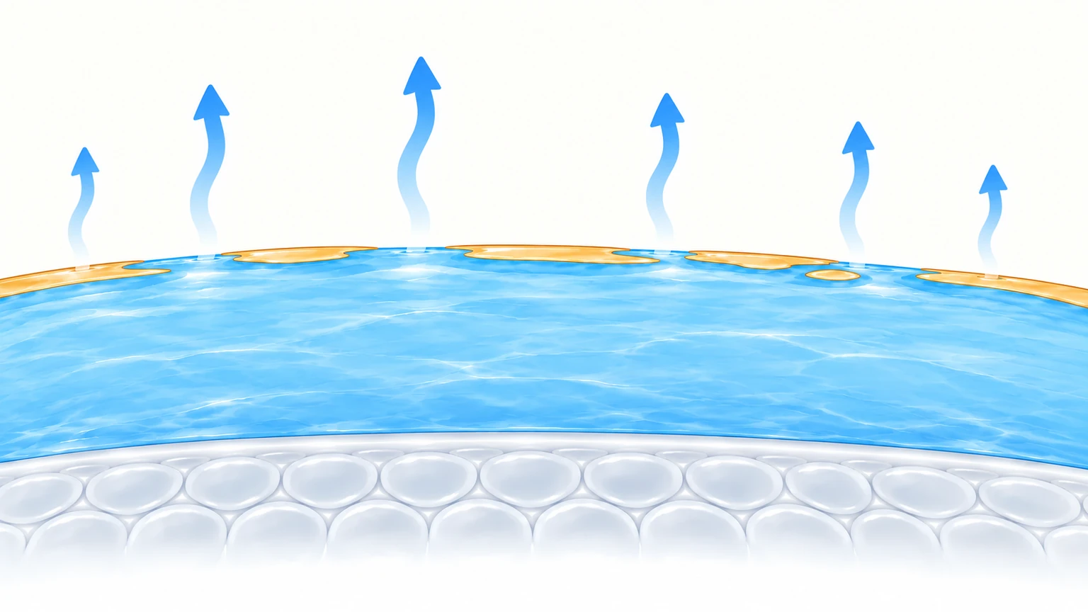 A patchy amber lipid layer over blue watery tears and a pale corneal surface, with upward arrows showing faster evaporation through gaps in the oil layer.