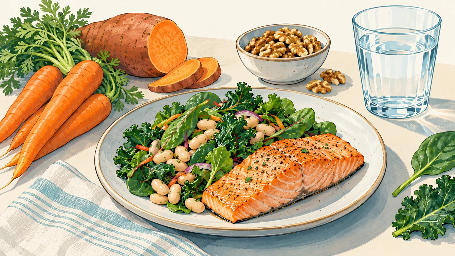 Una comida equilibrada con alimentos poco procesados: salmón, verduras de hoja verde, legumbres, zanahoria, boniato, nueces y un vaso de agua.