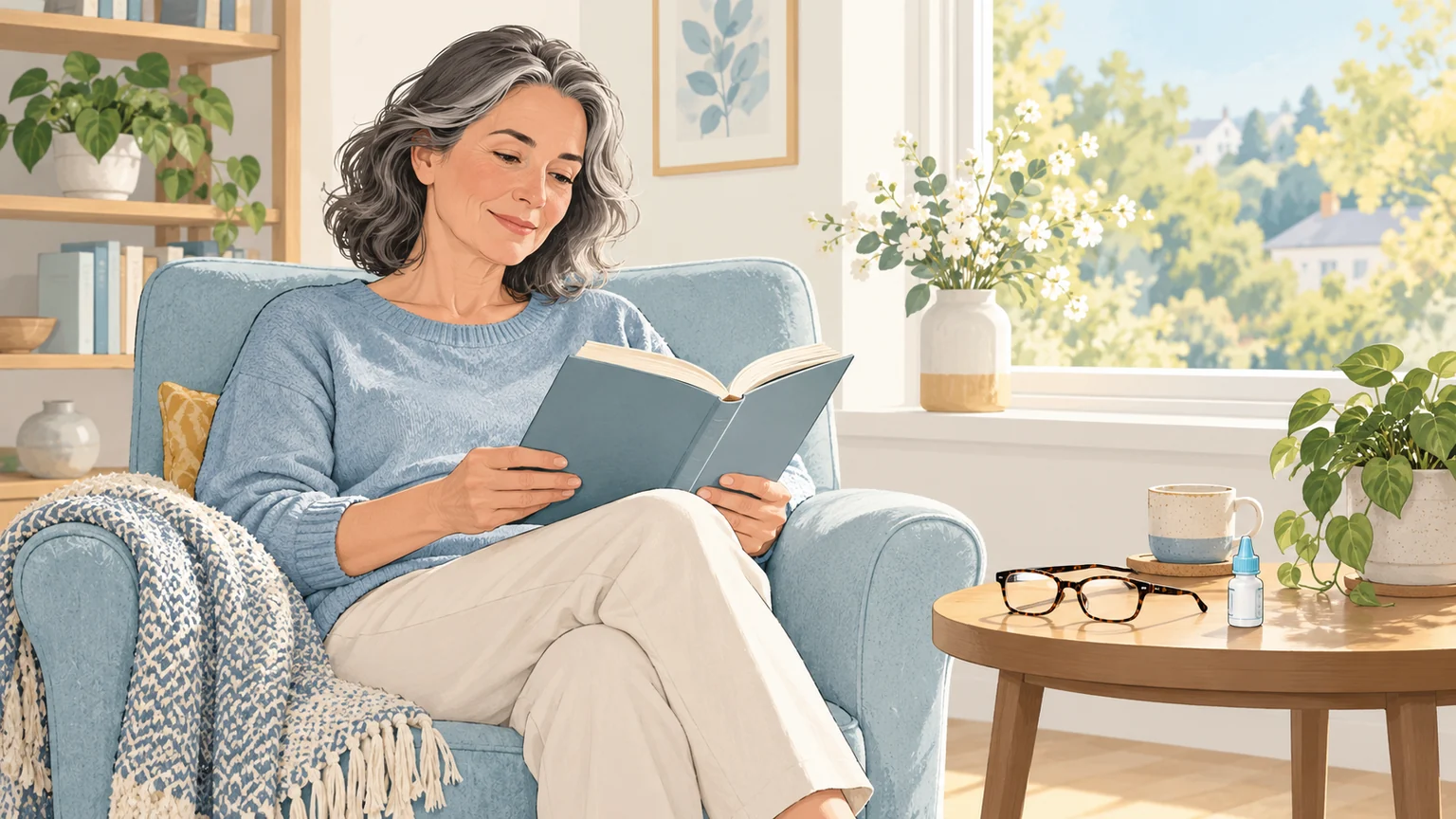 An adult reads comfortably by daylight at home, with eyeglasses and a closed eye-drop bottle on a nearby table.