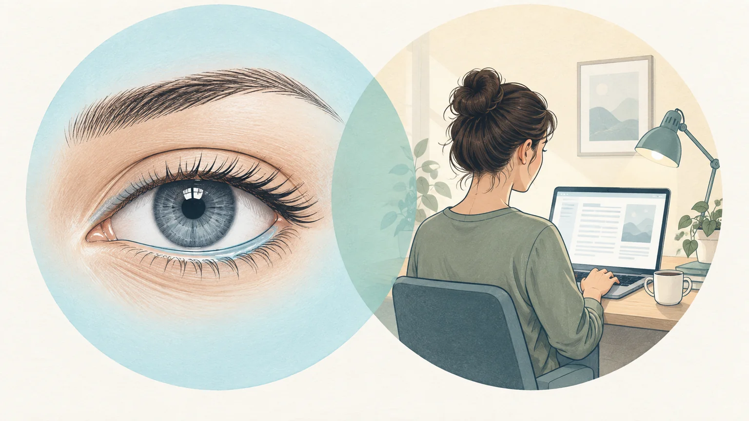 Overlapping illustrations of an eye and tear film on the left and a person using a computer on the right.