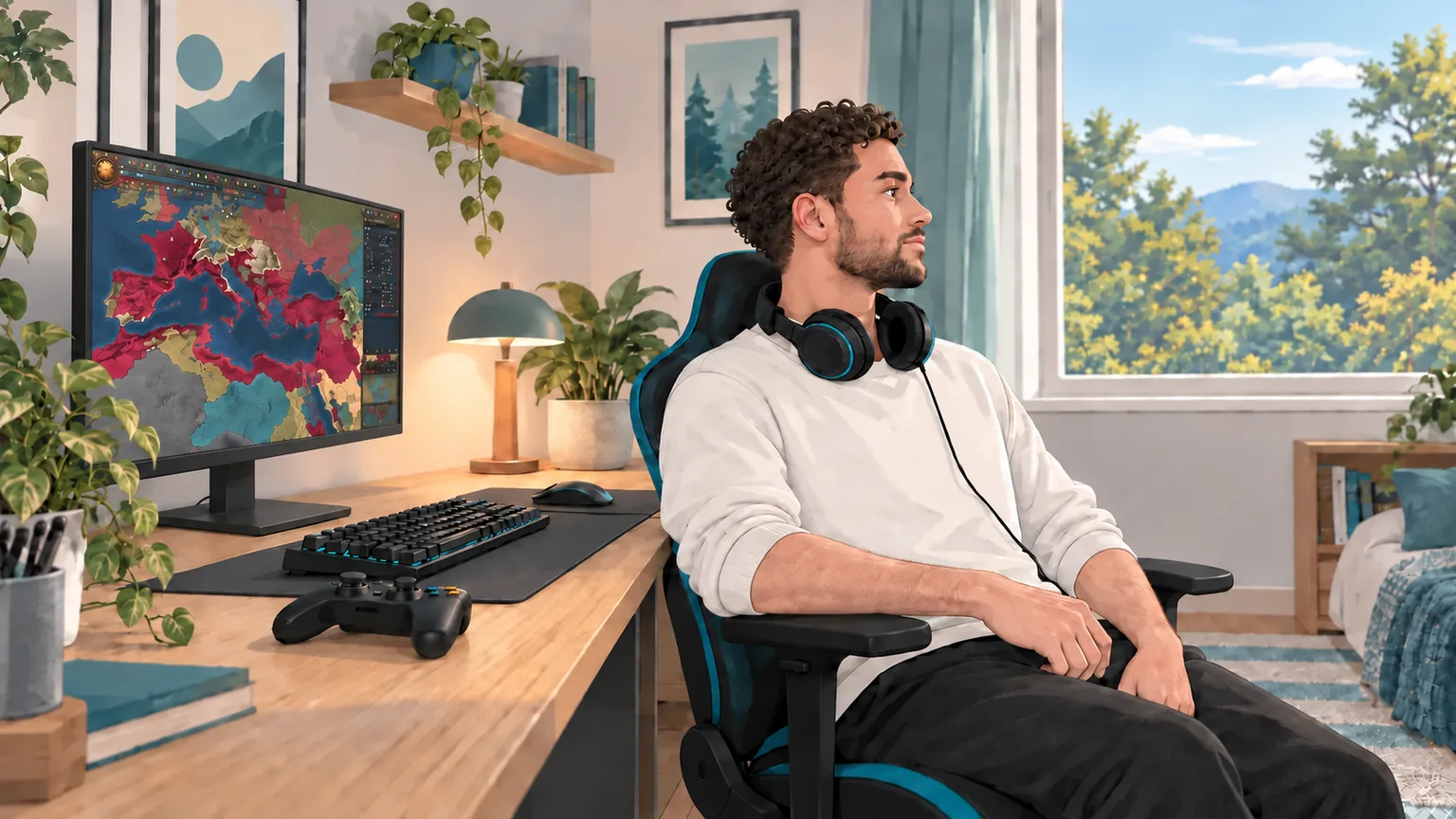 An adult gamer looks out a window during a break, with a stylized strategy-game map on the monitor.