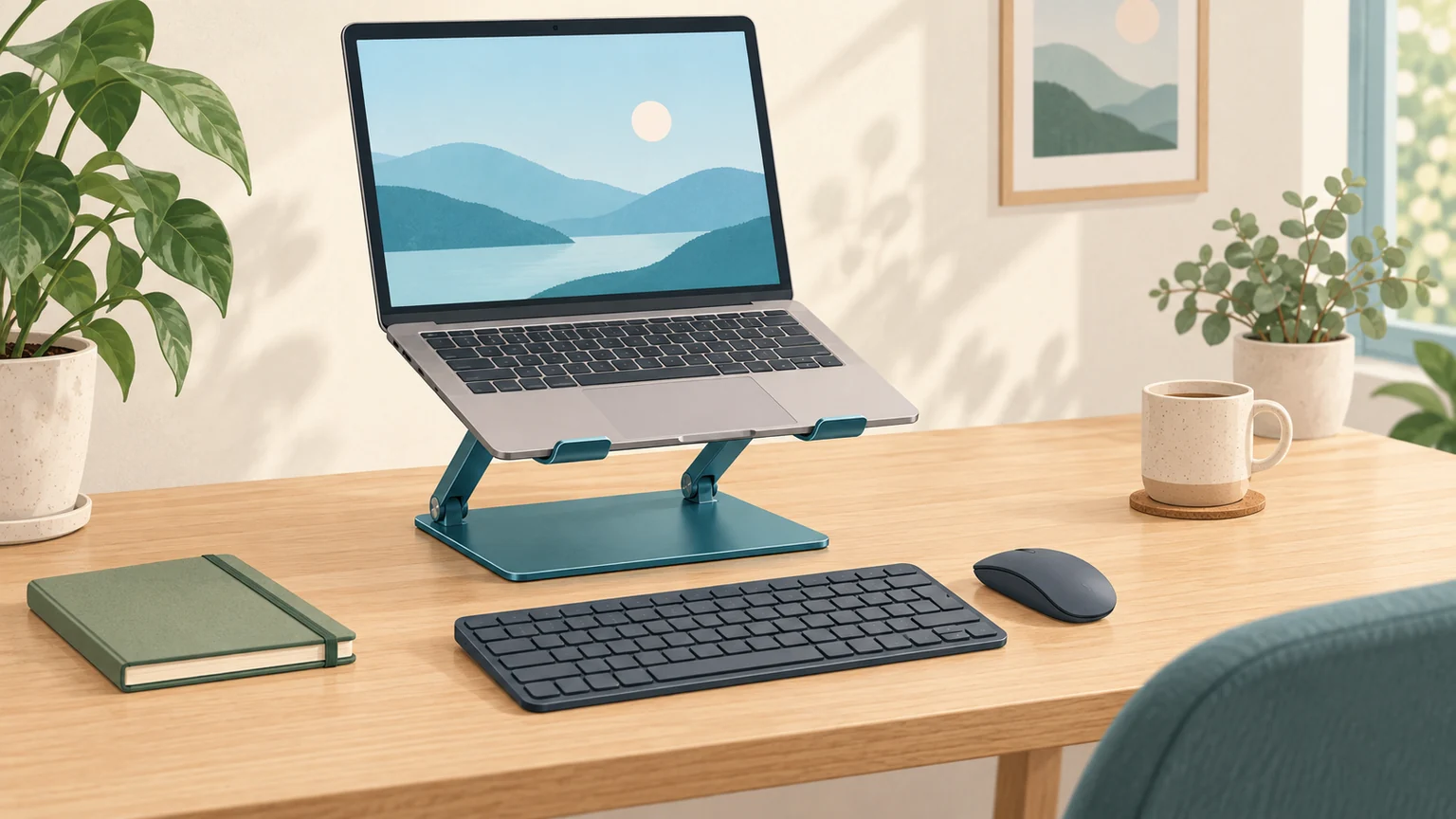 A laptop on a stable stand with a separate keyboard and mouse on the desk.