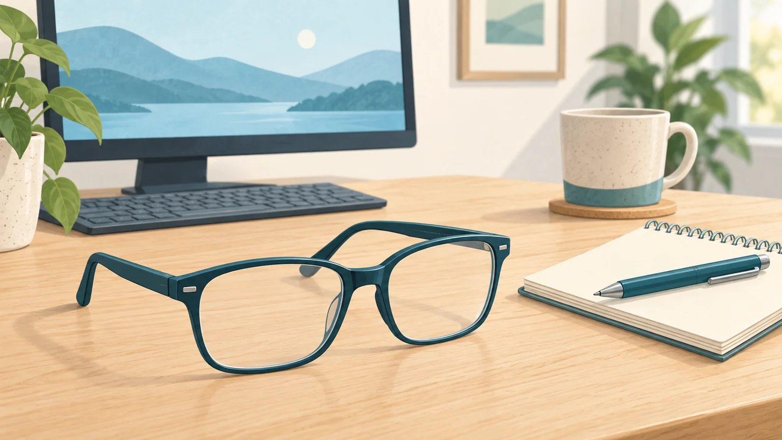 Eine Brille vor einem Computermonitor, daneben ein unbeschriebener Notizblock.