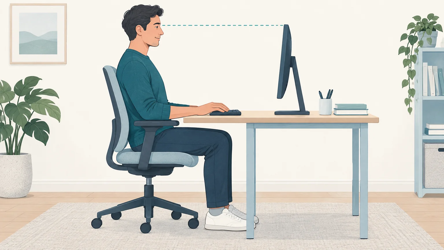 Side view of a seated person with a supported back and a monitor positioned slightly below eye level.