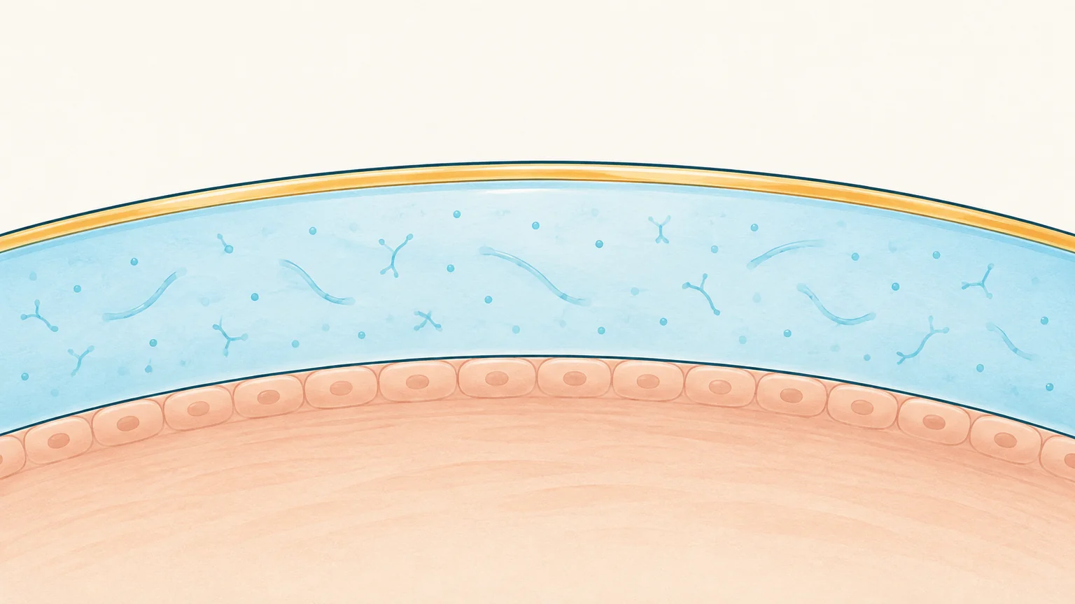 Tear-film cutaway showing a thin amber lipid layer above the blue watery component containing mucins, with the eye surface below.
