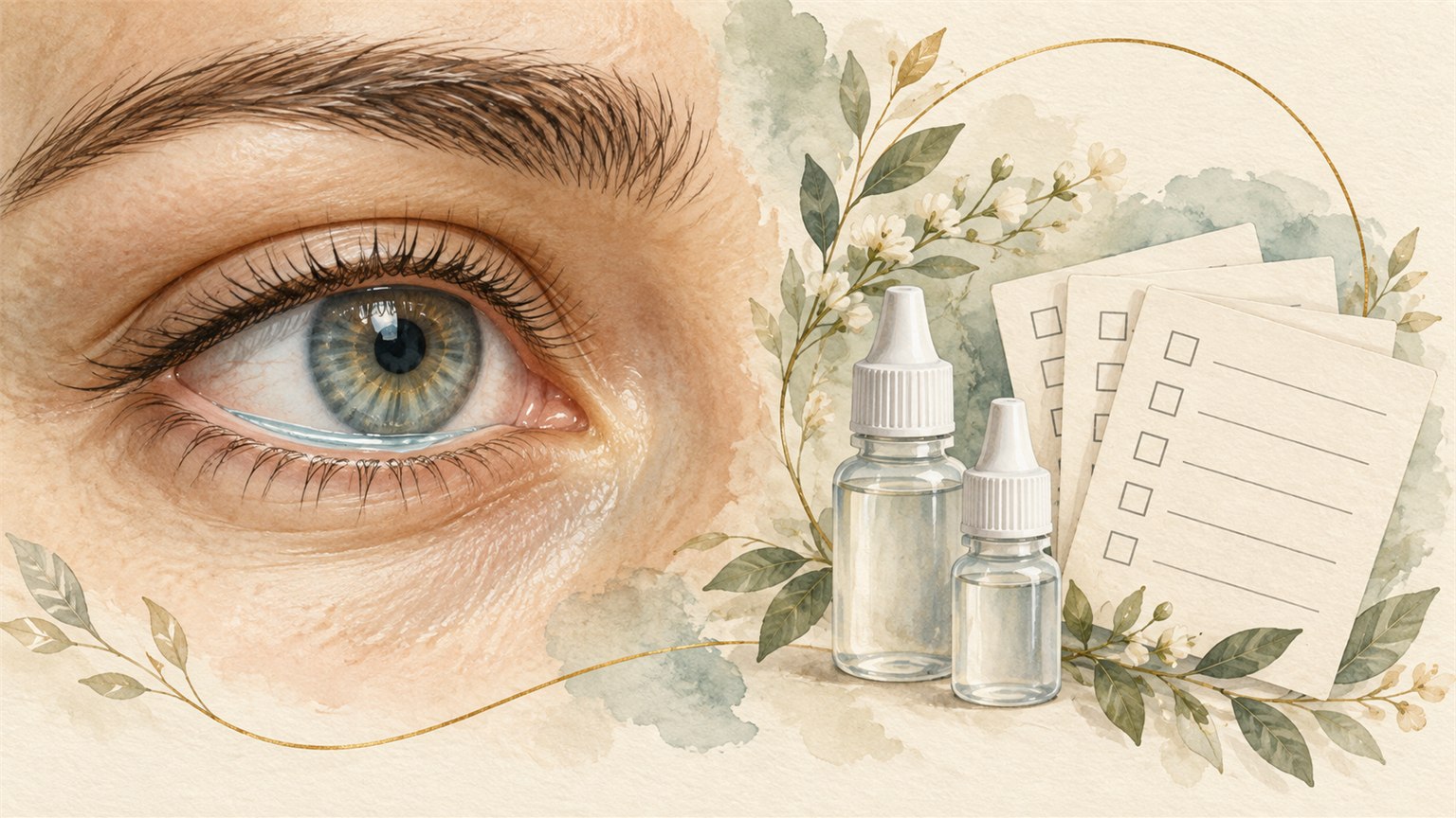Eye beside eye-drop vials and study forms