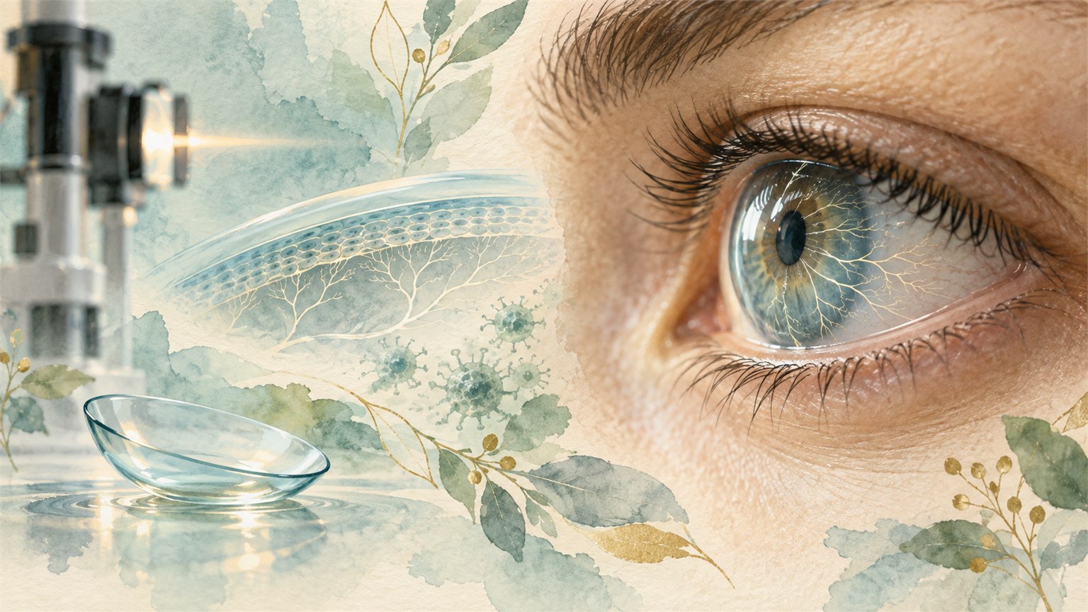 Eye with corneal nerve imagery, a contact lens, and a clinical light