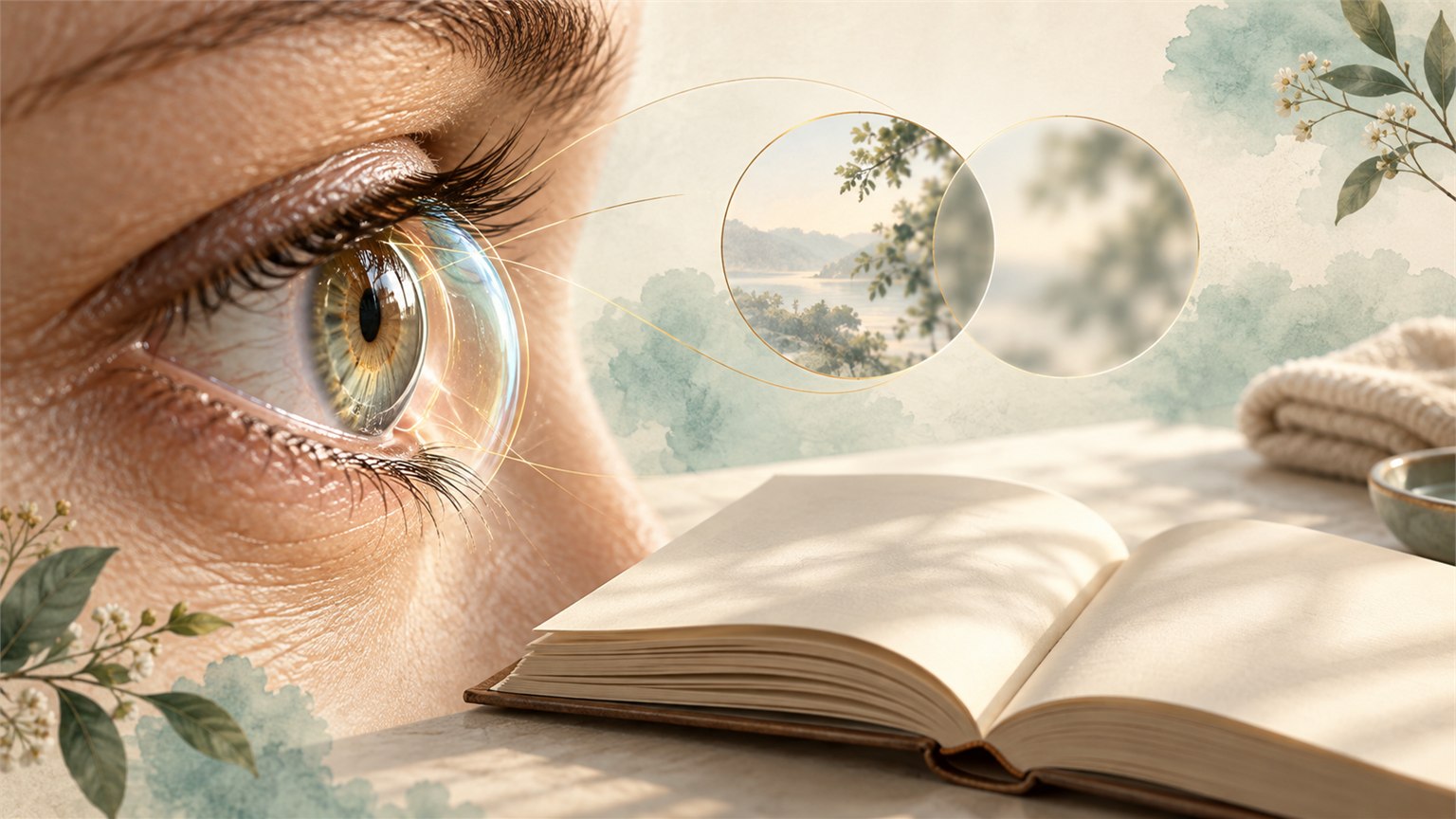 Eye and tear-film optics beside an open book