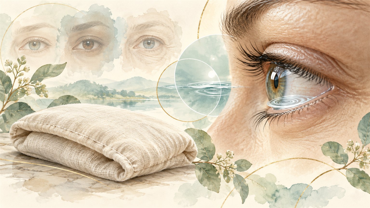 Eye beside a warm compress and tear-film patterns