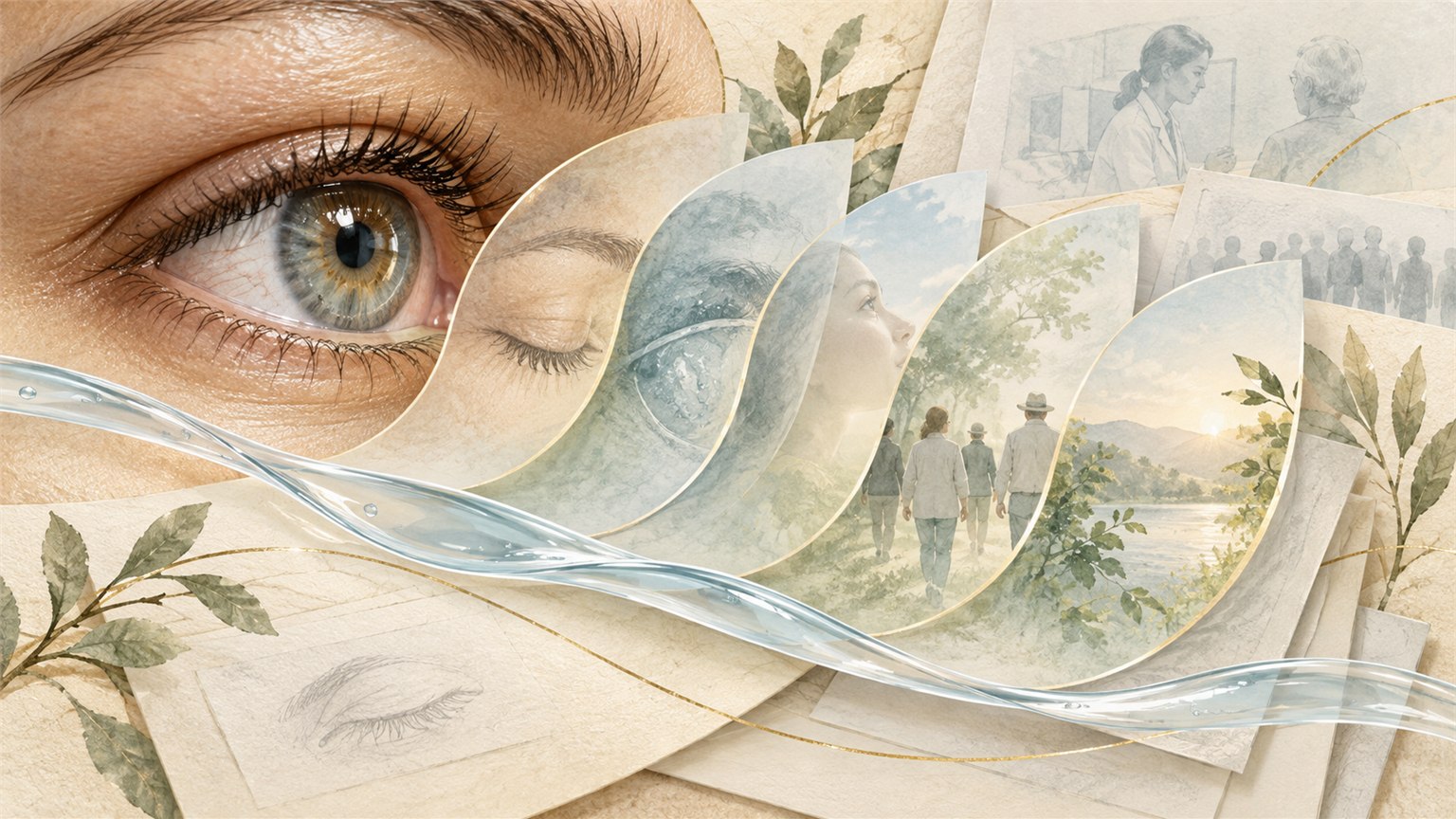 Eye beside layered research pages