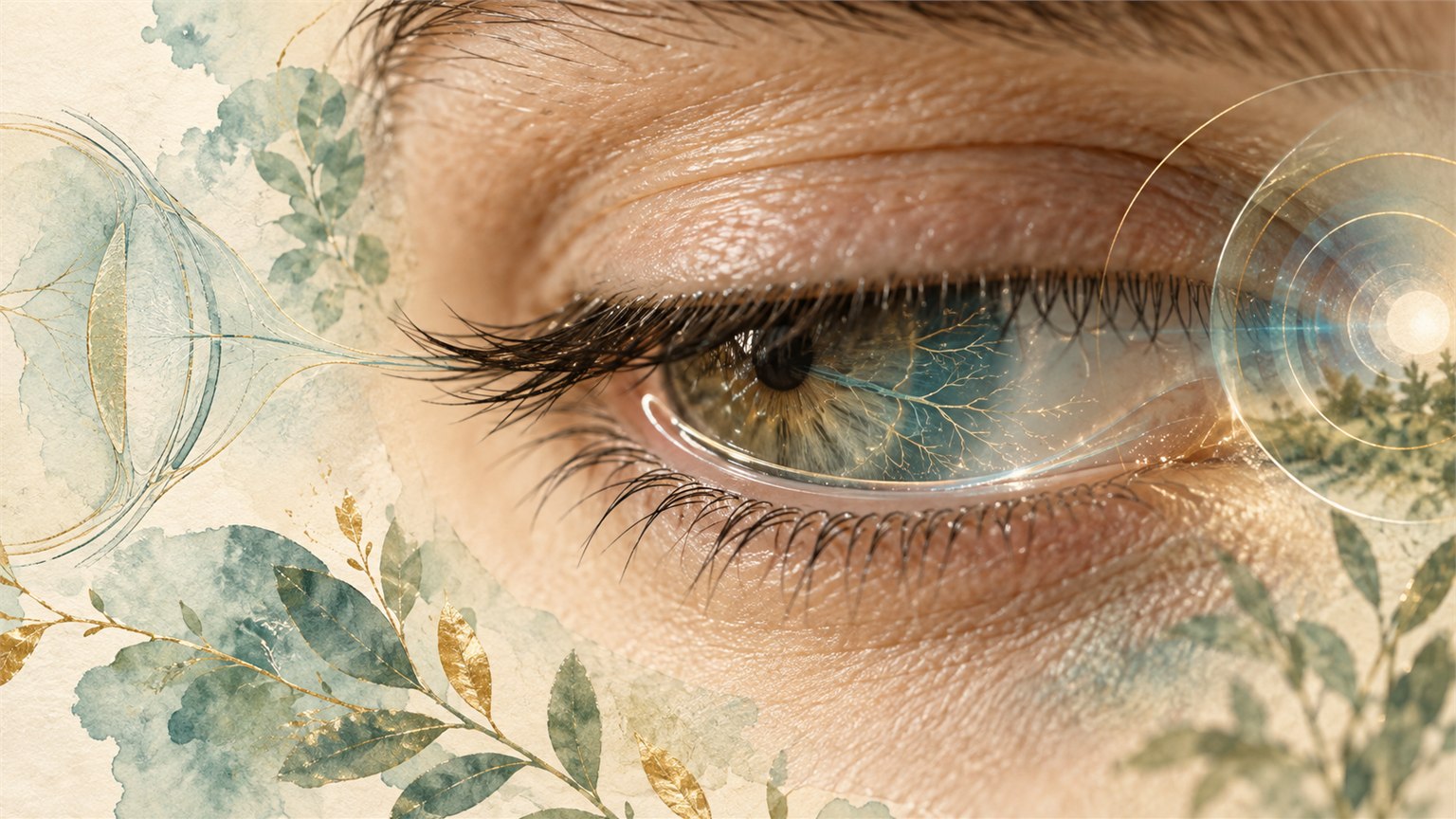 Eye midblink with tear-film reflections and nerve-like lines