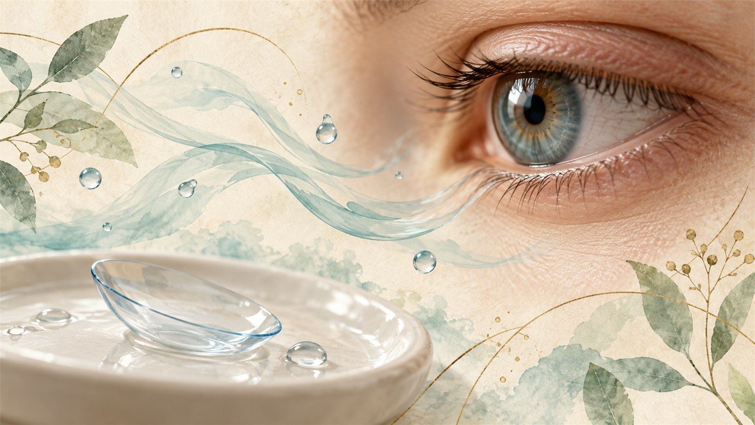 Eye beside a contact lens and soft air currents