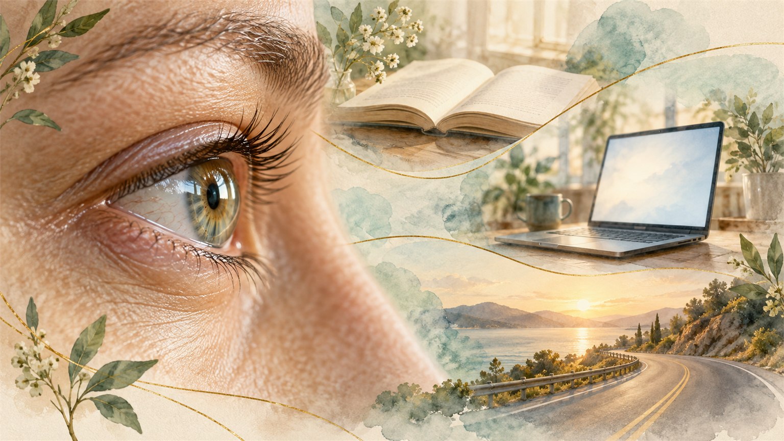 Eye beside a book, computer screen, and roadway