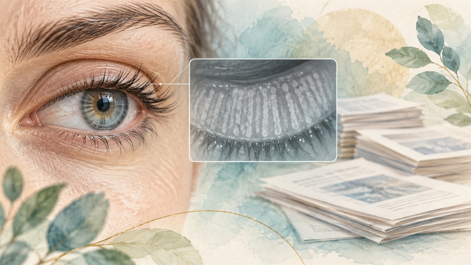 Eye beside an eyelid gland imaging panel and research papers