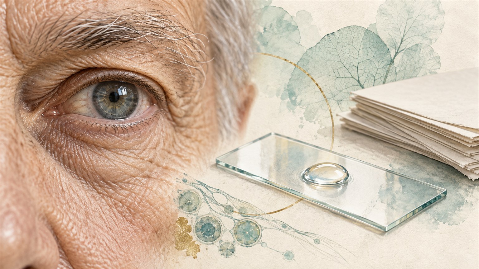 Eye beside a tear sample and survey papers