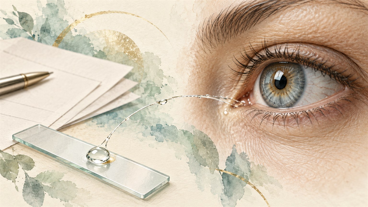 Eye beside tear-testing equipment and study forms