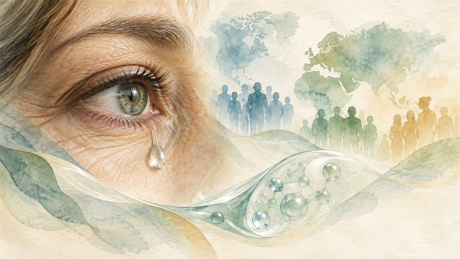 Eye with a tear droplet and softly drawn map shapes