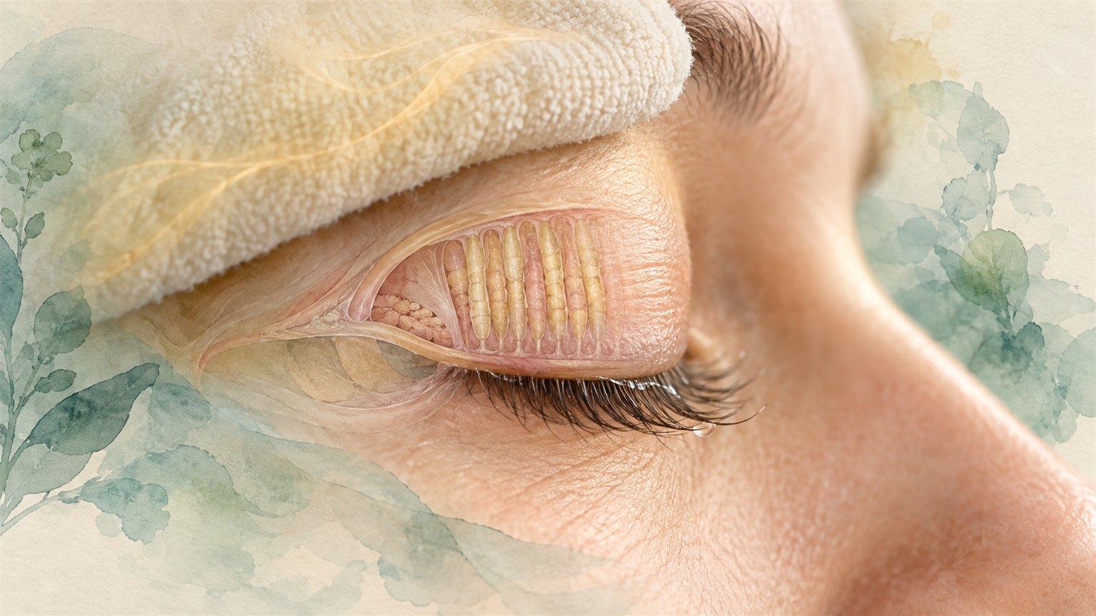 Closed eye beneath a warming cloth with eyelid gland detail