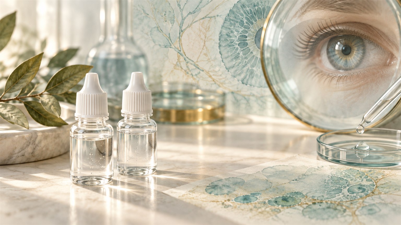 Eye viewed through a lens beside trial eye-drop bottles
