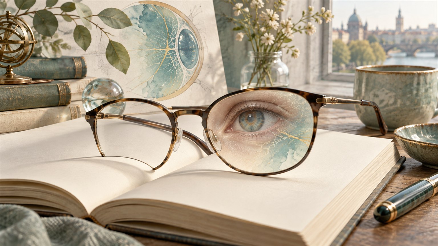 Eye seen through reading glasses above an open book