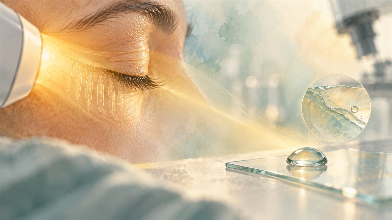 Eye in soft treatment light beside a tear droplet