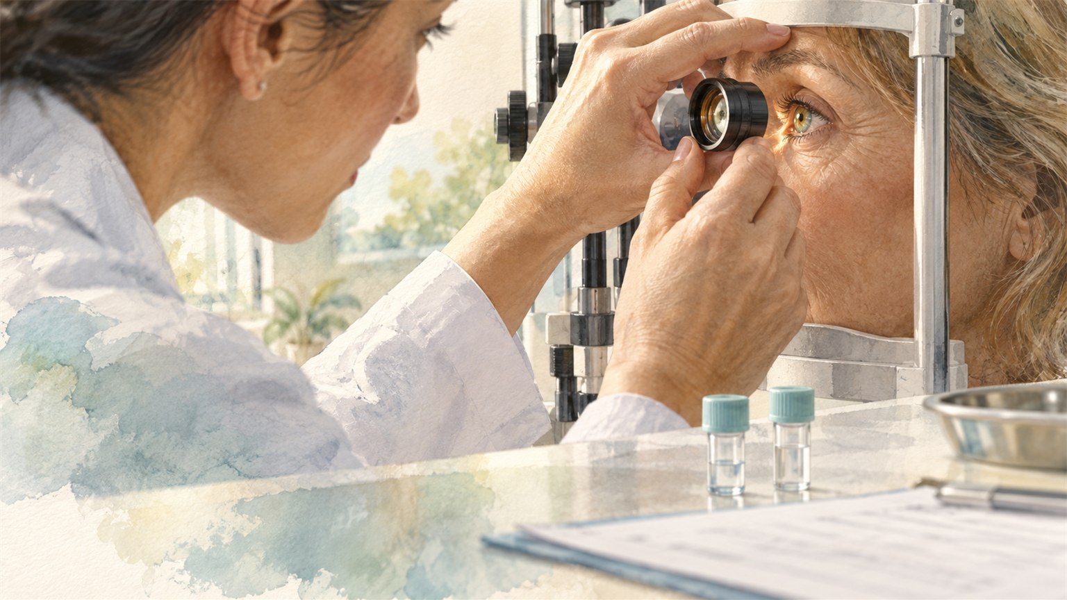 Eye at a slit lamp beside tear samples and study papers