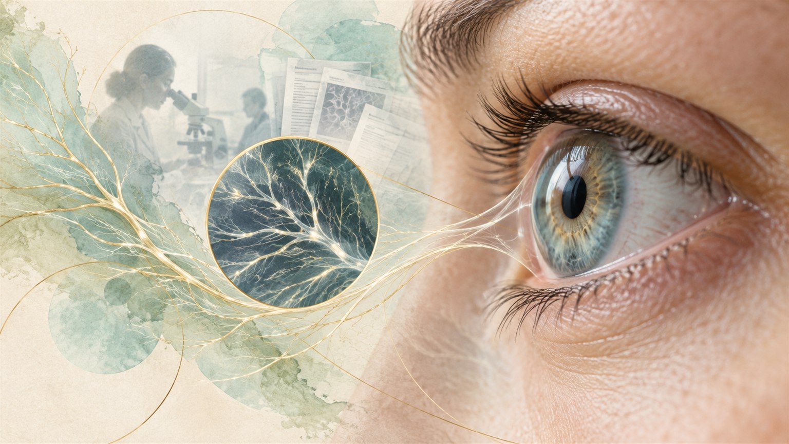 Eye with delicate corneal nerve imagery and research papers