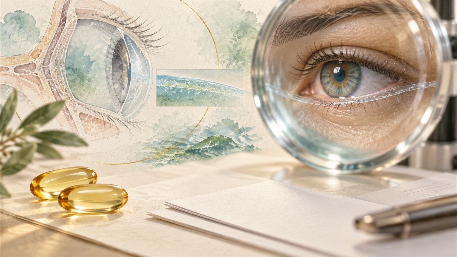 Omega-3 capsules beside an eye and tear-film lens